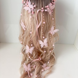 Pink Bridal Butterfly Crown: Pearl Hair Vine