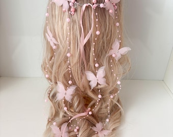 Pink bridal butterfly crown, butterfly pearl hair vine, pearl hair piece