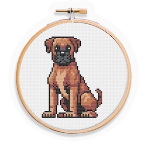 May include: Cross-stitch pattern of a brown and black boxer dog sitting on a white background. The dog is in a pixelated style.