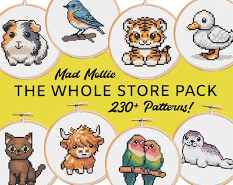 May include: A collection of 230+ cross stitch patterns from Mad Mollie. The patterns feature a variety of cute animals, including a guinea pig, a bluebird, a tiger, a duck, a cat, a highland cow, lovebirds, and a seal.