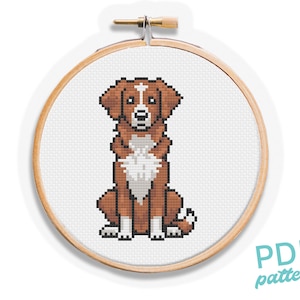 May include: Cross stitch pattern of a brown and white dog sitting with its tongue out. The pattern is in a wooden embroidery hoop.
