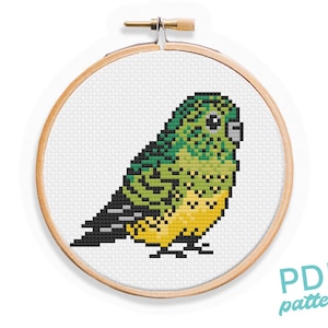 May include: Cross stitch pattern of a green and yellow bird with a black beak and black legs. The bird is sitting on a white background. PDF pattern.