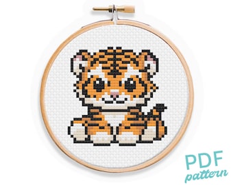 Tiger Cub Cross Stitch Pattern - Small and Easy Beginners PDF Pattern - 3" Cross Stitch - Cute African Animal Pattern, Tiger Lion Big Cat
