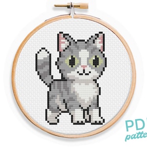 Grey and White Cat Cross Stitch Pattern: Easy Beginner Design (PDF Pattern)