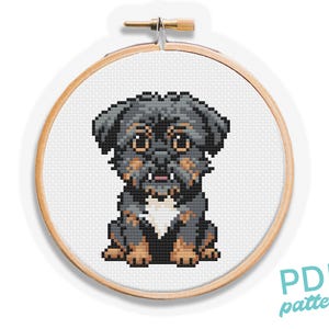 Puede incluir: Un patrón de punto de cruz de un perro pequeño, con pelaje negro y marrón, pecho blanco y ojos grandes. El diseño está dentro de un bastidor de bordado de madera. Las palabras "PDF pattern" están impresas en color turquesa.