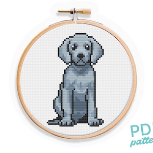 May include: Cross stitch pattern of a gray and white dog sitting in a wooden embroidery hoop. The pattern is labeled "PDF pattern".