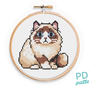 Könnte beinhalten: Kreuzstichmuster einer weißen und braunen Ragdoll-Katze mit blauen Augen, die auf einem weißen Hintergrund sitzt. Das Muster befindet sich in einem hölzernen Stickrahmen.