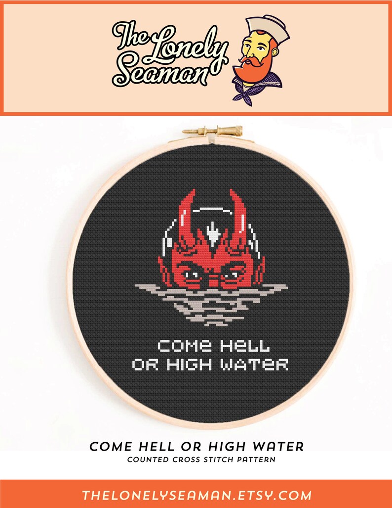 Goth Badass Cross Stitch Drowning Devil Cross Stitch Pattern Come Hell or High Water Cross Stitch Pattern Satan Cross Stitch Pattern