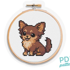 May include: A cross-stitch design of a Chihuahua dog in a wooden embroidery hoop. The dog is brown and tan with black detailing, stitched on white fabric. The text "PDF pattern" is in the lower right corner.