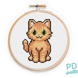 Op de afbeelding: Een kruissteekpatroon van een oranje kat met groene ogen, weergegeven in een houten borduurring. De kat zit rechtop, met zijn staart opgerold. De tekst "PDF pattern" is rechtsonder zichtbaar.