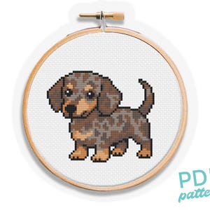 Op de afbeelding: Een kruissteekpatroon van een teckelpuppy in een houten borduurring. De puppy is bruin en grijs met een gevlekt patroon. De tekst "PDF pattern" staat in de rechter benedenhoek.