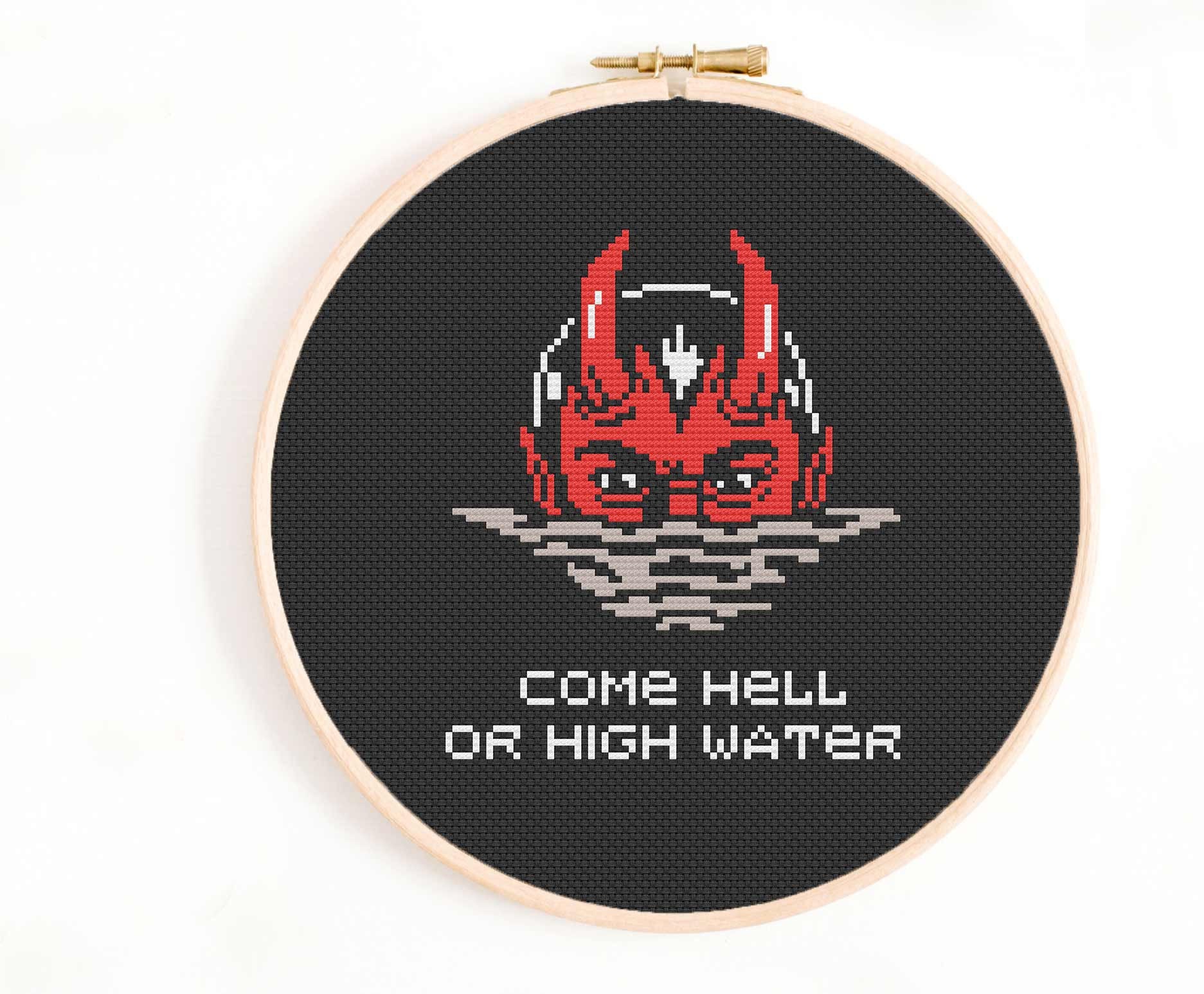 Goth Badass Cross Stitch Drowning Devil Cross Stitch Pattern Come Hell or High Water Cross Stitch Pattern Satan Cross Stitch Pattern