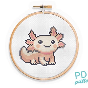 May include: A cross-stitch pattern of a cute, cartoon axolotl with pink and white details. The axolotl is sitting on a white background and is surrounded by a wooden embroidery hoop.