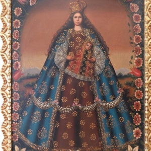 Cuzco School - 19 C - Authentic Painting - Madonna & Child - Over 4 ft High