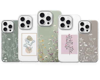 May include: Five phone cases with floral designs. The cases feature various color schemes, including sage green, white, and taupe, with delicate botanical illustrations. Each case has a different floral pattern, offering a variety of aesthetic choices.