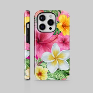 Tropical Flowers Phone Case Hibiscus Plumeria Tough Cover for iPhone 16 15 pro 14 13 12 11 XR, Pixel 9  Pro, Samsung S25 S24 S23 S22 A56 A16