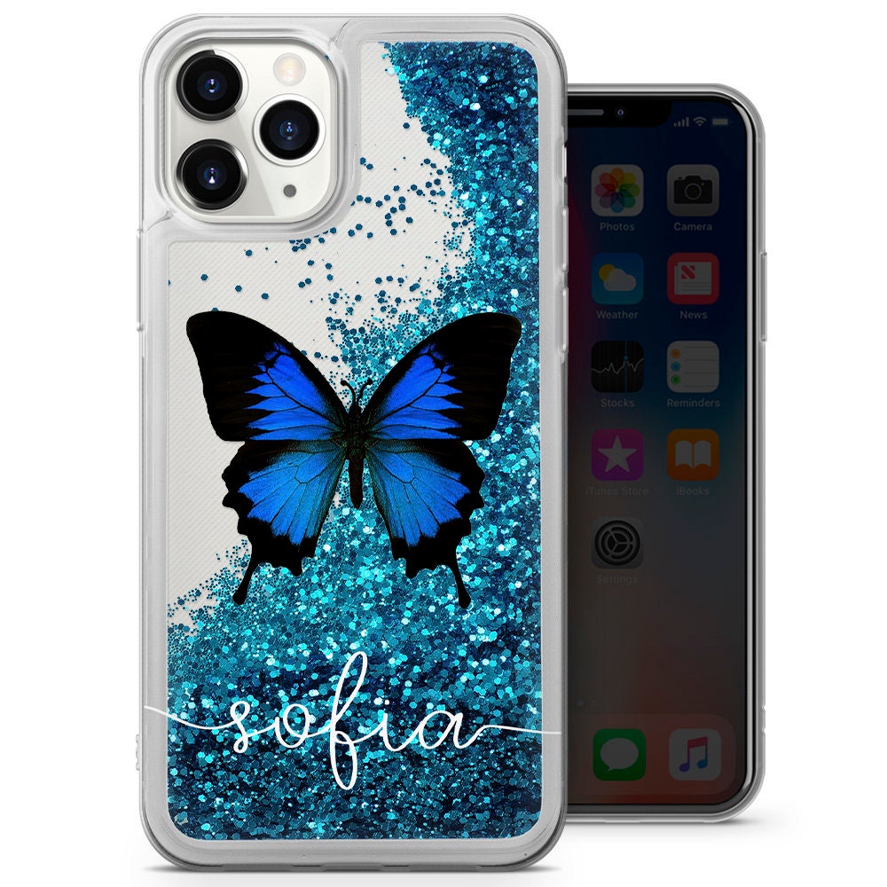 Personalized Blue Butterfly Phone Case Liquid Shiny Glitter Etsy