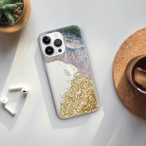 Coastal Gold Glitter Liquid iPhone Case Beach Wave Floating Sparkle Cover for iPhone 15 Pro max, 14, 13, 12 mini, 11, XR, 7, 8 plus X/XS 6