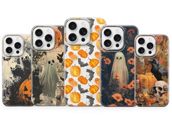 May include: Five phone cases with Halloween-themed designs. The cases feature images of ghosts, pumpkins, bats, and skulls. The color palette includes orange, black, and white, creating a spooky aesthetic. The cases are designed to fit a smartphone.