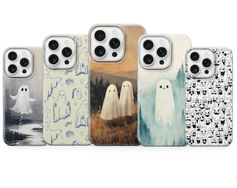 May include: A collection of five phone cases featuring ghost-themed designs. The cases showcase various artistic styles, including illustrations of ghosts in landscapes and patterns. Colors include black, white, blue, and earth tones.
