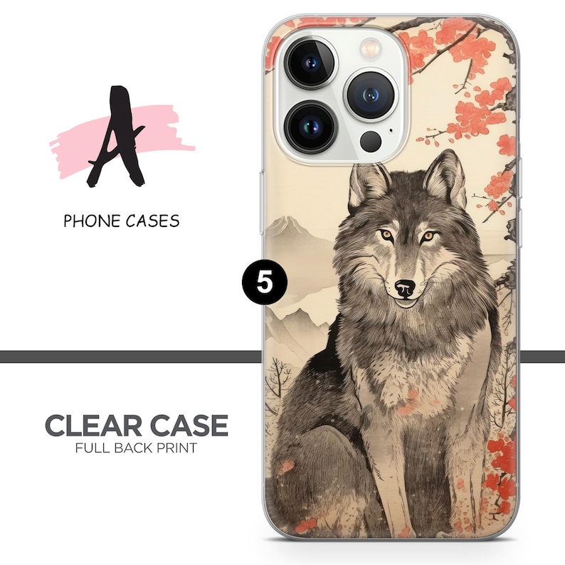 May include: A clear phone case with a full back print of a wolf sitting in a forest with cherry blossoms. The case has a raised camera bump with a black outline.