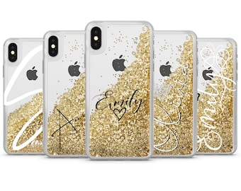Funda para iPhone con nombre y purpurina dorada, personalizada, transparente y brillante, para iPhone 15 Pro Max, 14 Plus, 13, 12 Mini, 11, XR, X, 7, 8 Plus, 6/6s, 5/5s