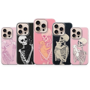 Skeleton and Cat Phone Case Creepy Gothic Aesthetic Cover for iPhone 16 pro max 15 14 13 12 11 XR, Samsung S25 S24 Fe S23 S22 A16 A56 Pixel