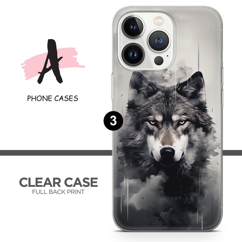 May include: Clear phone case with a full back print of a wolf's face in a watercolor style. The wolf is gray and white with a black nose and eyes. The background is a blurry gray and white.