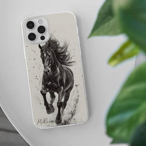 May include: A clear phone case featuring a black and white illustration of a running horse. The horse has a flowing mane and tail, with a splash effect around its hooves. The name "Melissa" is written in cursive at the bottom.