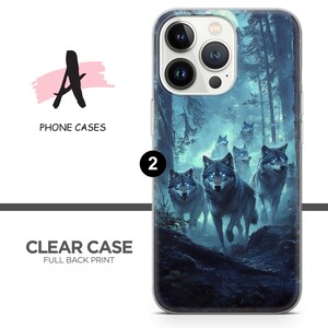 May include: A clear phone case with a full back print of a pack of wolves howling in a misty forest. The case is compatible with iPhone models.