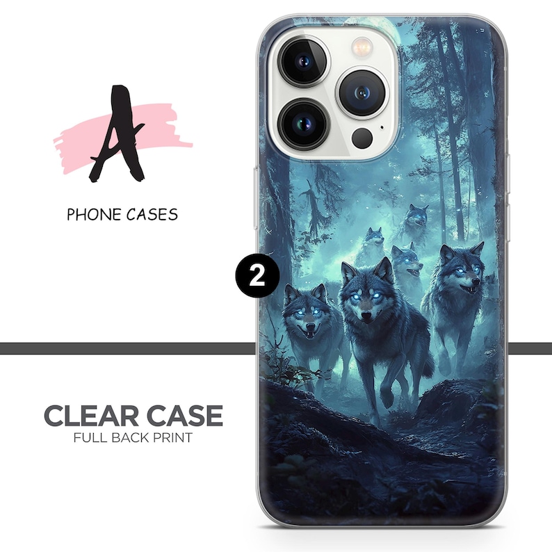 May include: A clear phone case with a full back print of a pack of wolves howling in a misty forest. The case is compatible with iPhone models.