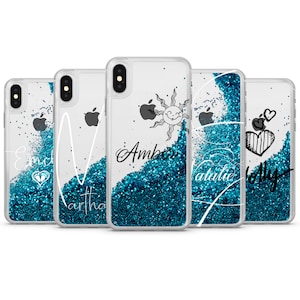 May include: Five clear phone cases with blue glitter and different designs. The designs include a sun, a heart, a wave, and two different names.