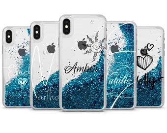 Blaue Glitzer Name iPhone Hülle Custom Sparkle Handyhülle mit Herz-Symbol für iPhone 15 pro max 14 plus 13 12 mini 11 XR 7 8 plus 6s 5s SE