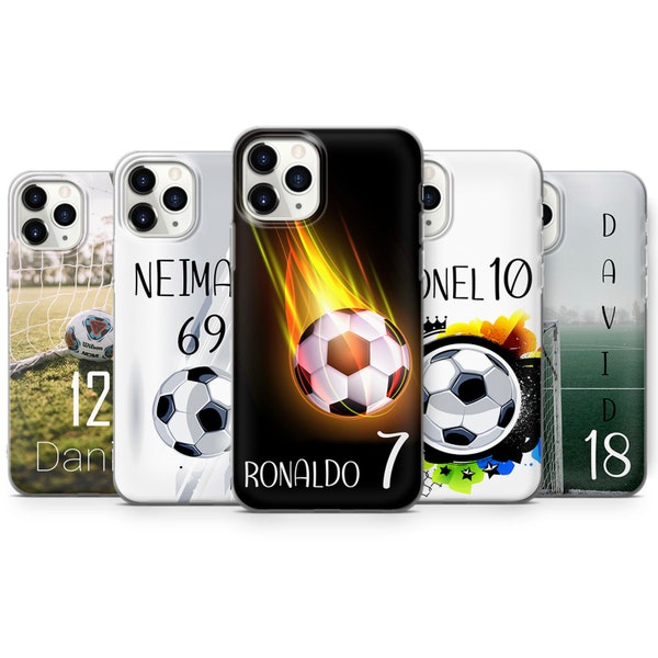 Personalized Name Number Football Phone Case Soccer Ball Cover for iPhone 14, 13, 12, 11, XR, 8, Samsung S21, S22, S20, A12, A13, Pixel 6, 7