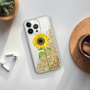 Personalized Sunflower Glitter iPhone Case Custom Name Floral Cover for iPhone 15 pro max, 14, 13, 12mini, 11, XR, 7, 8 plus, 6, 6s, 5 5s SE