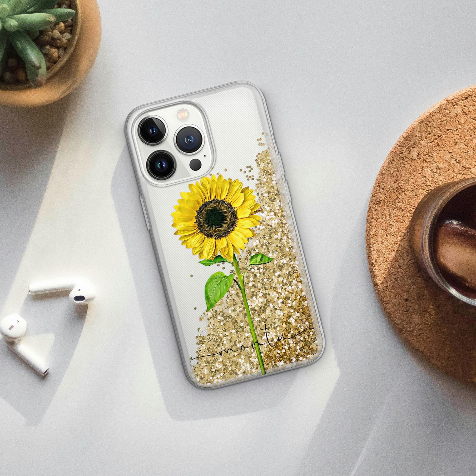 パーソナライズされたひまわりのグリッターiPhoneケース、カスタム