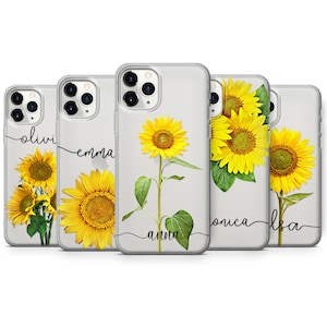 Custodia per telefono personalizzata con girasole, trasparente e floreale, con nome, per iPhone 16 Pro, 15, 14, 13, 12, 11, XR, 8, 7, Samsung S25, S24, S23, A56, A36, Pixel.