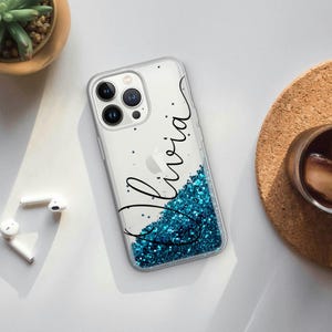 Custom Blue Glitter Liquid iPhone Case Personalized Floating Sparkle Cover for iPhone 15 pro max, 14, 13, 12 mini, 11, XR, 7, 8, 6, 6s, SE