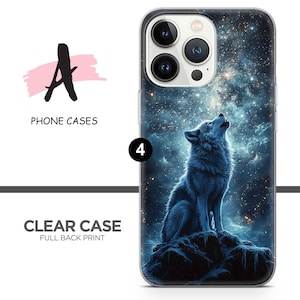 May include: A clear phone case with a full back print of a wolf howling at a starry night sky. The wolf is blue and white, and the sky is a dark blue with white stars.