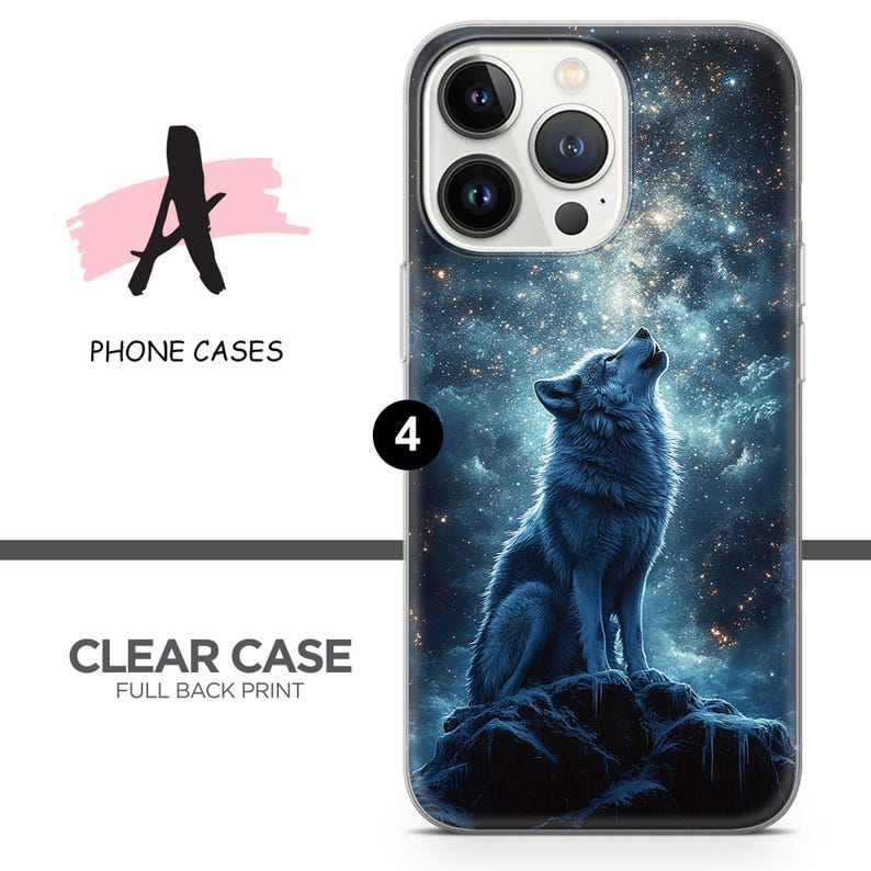May include: A clear phone case with a full back print of a wolf howling at a starry night sky. The wolf is blue and white, and the sky is a dark blue with white stars.