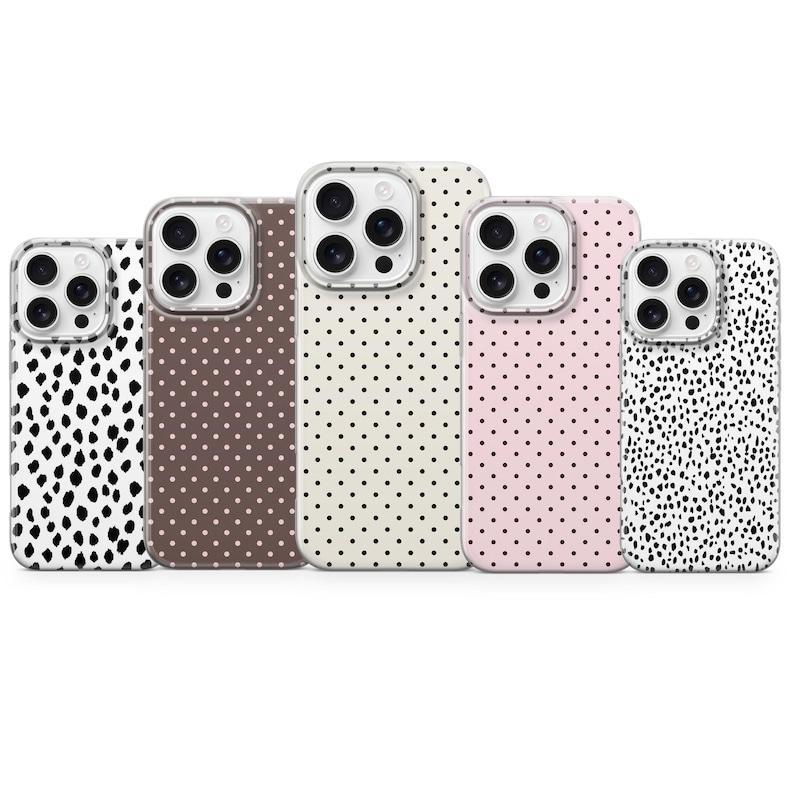 May include: Five smartphone cases arranged in a row, each featuring a distinct pattern. The designs include black and white dalmatian spots, brown with white polka dots, cream with black polka dots, light pink with black polka dots, and a dense black speckled pattern.
