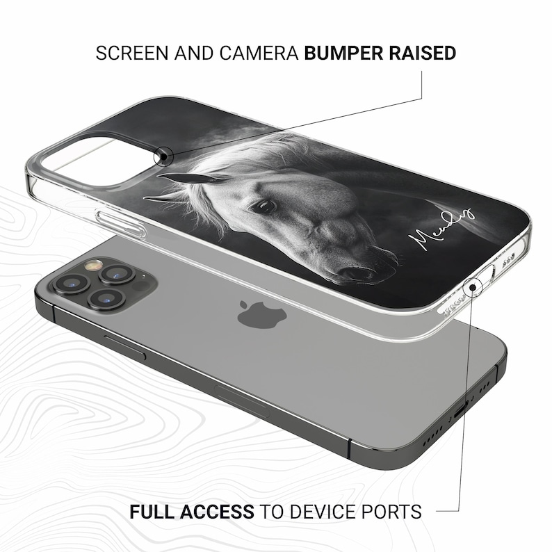 May include: Clear phone case featuring a black and white image of a horse's head. The case has the text "Screen and Camera Bumper Raised" and "Full Access to Device Ports". The horse image has a signature in the bottom right corner.