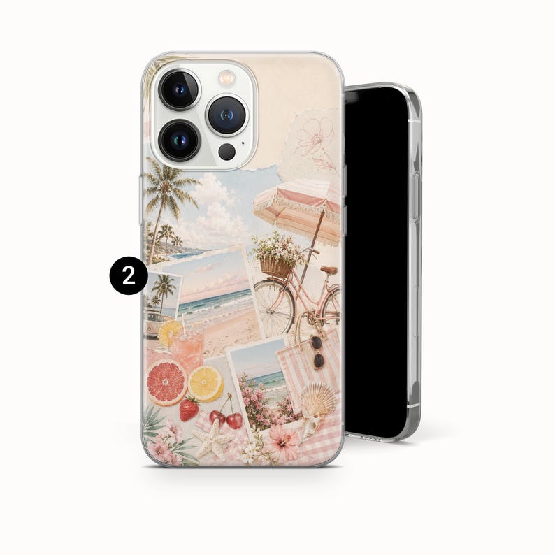 K&ouml;nnte beinhalten: Eine transparente Smartphone-H&uuml;lle mit einer Collage aus sommerlichen Motiven, darunter eine Strandszene, ein Fahrrad mit Blumenkorb, ein gestreifter Sonnenschirm, ein Glas mit rosa Getr&auml;nk, Zitrusfr&uuml;chte, Kirschen, ein Seestern und Blumen.