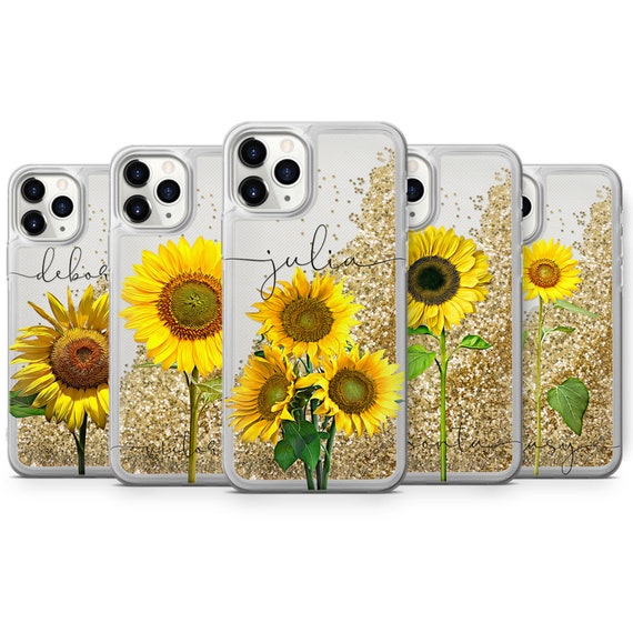 Special Made to Order Sunflowers Phone Case Liquid Sparkling Golden Glitter  Cover for iPhone 15 Pro Max 14 13 12mini XR 7 8 Plus 