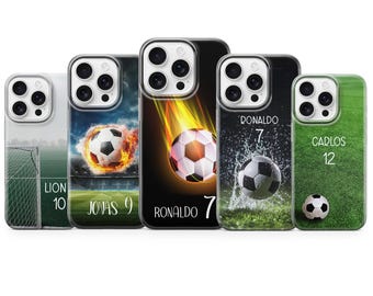 Funda de teléfono de fútbol personalizada para iPhone 16e, 15 Pro Max, 14, 13, 12, 11, XR, 7, 8, Samsung S25, S24 Fe, S23, A16, A56, A36, Pixel 10 Pro