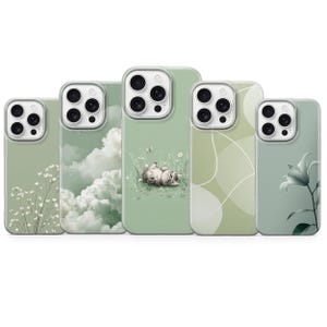 May include: Five smartphone cases in varying shades of green. Each case displays a different design, such as floral motifs, cloud imagery, and a cat illustration. The cases have a transparent border and are designed for a smartphone.