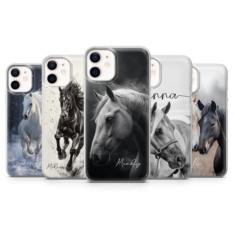 May include: A collection of phone cases featuring horse illustrations. The cases display images of horses in various poses and colors, including black and white. Some cases have names written on them in cursive.