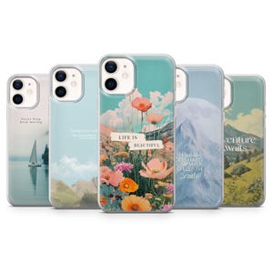 Könnte beinhalten: Fünf verschiedene Handyhüllen mit unterschiedlichen Designs. Die erste Hülle hat ein blaues und weißes Design mit dem Text "Never Stop Keep Moving". Die zweite Hülle hat ein blaues und weißes Design mit dem Text "Tomorrow will be beautiful". Die dritte Hülle hat ein florales Design mit dem Text "Life is Beautiful". Die vierte Hülle hat ein blaues und weißes Design mit dem Text "When life gets hard remember keep the faith". Die fünfte Hülle hat ein grünes und braunes Design mit dem Text "Adventure awaits".