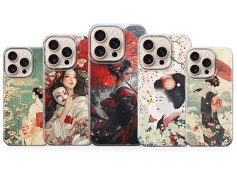 Funda de teléfono Geisha con arte tradicional japonés para iPhone 16e, 15 pro max, 14, 13, 12, 11 XR, 7, 8, Samsung S25, S24 Fe, S23, A16, A56, Pixel 10 pro XL