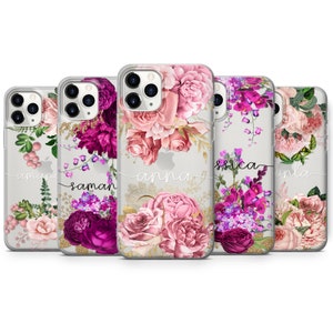 Personalized Floral Phone Case Custom Name Clear Cover for Phone 16 15 14 13 12 11 XR 8 Samsung S25 S24 S23 S22 S21 A56 A16 A26 A36 Pixel 9